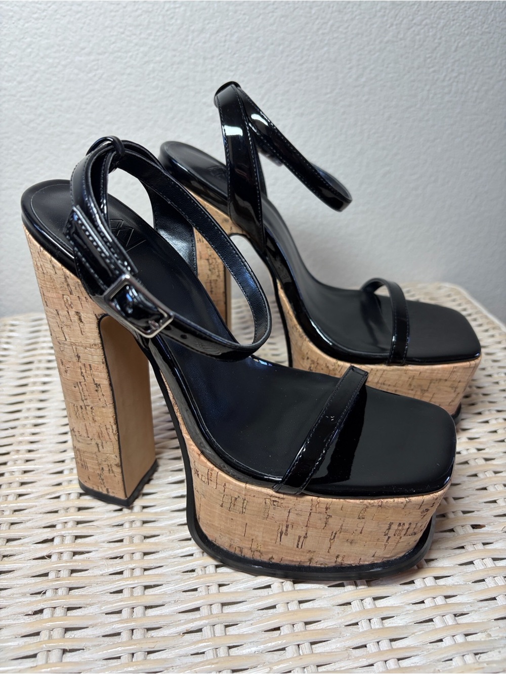 Black Patent Cork Platform Sandals with Ankle Strap